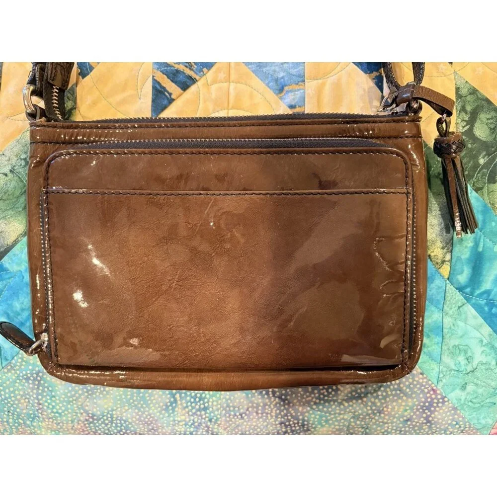 BRIGHTON Patent Leather Purse Olive Green Shoulder Bag Wallet Hobo Retro - Picture 8 of 16